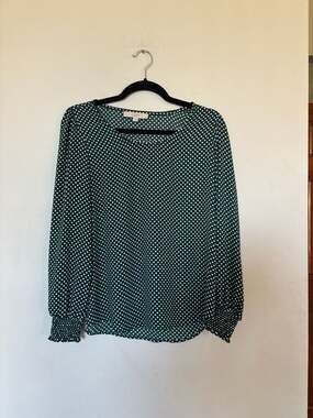 LOFT Green Polka Dot Long Sleeve Blouse with Smocked Cuffs